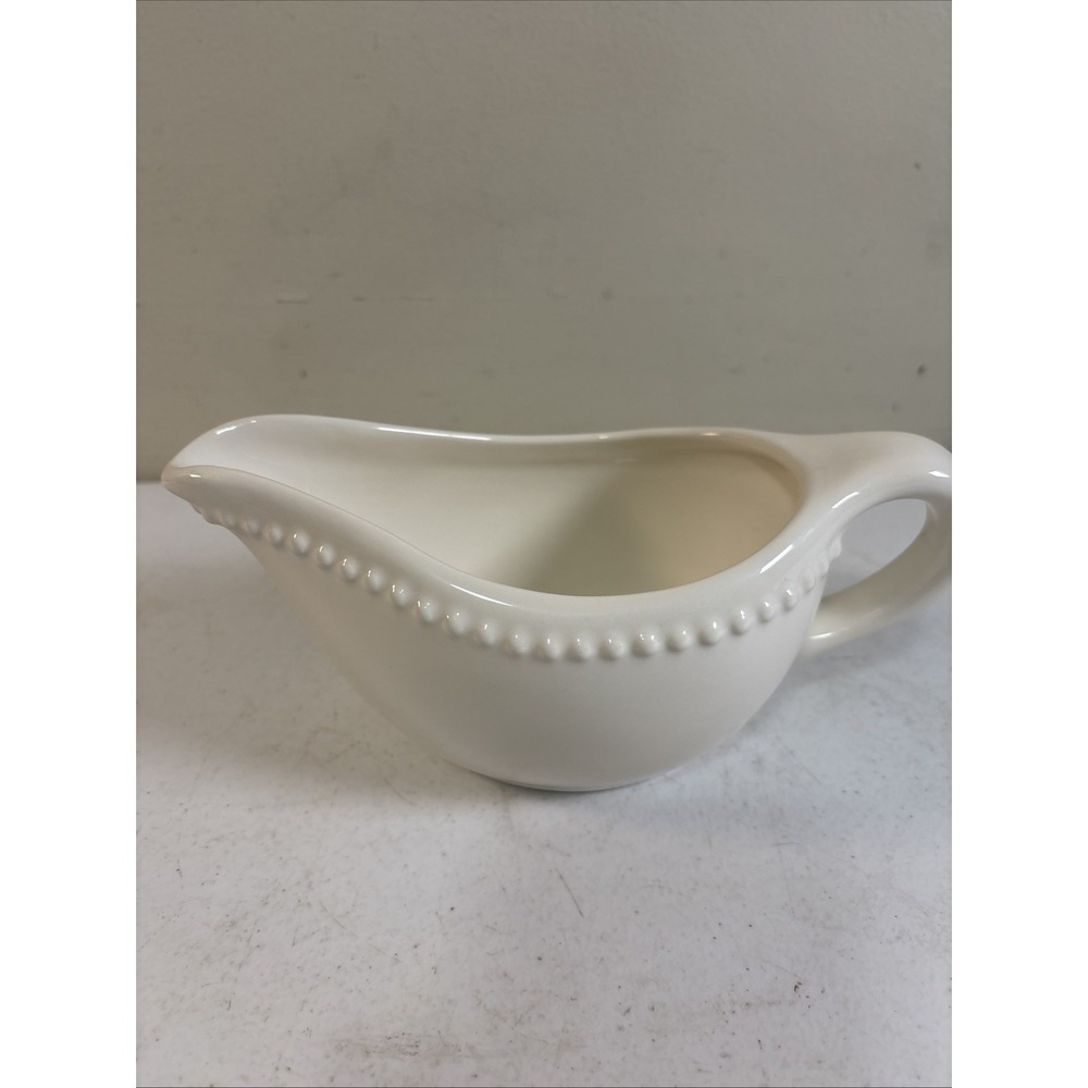 Pottery Barn Emma Gravy‎ Boat Ivory Cream Embossed Dot Edge EUC